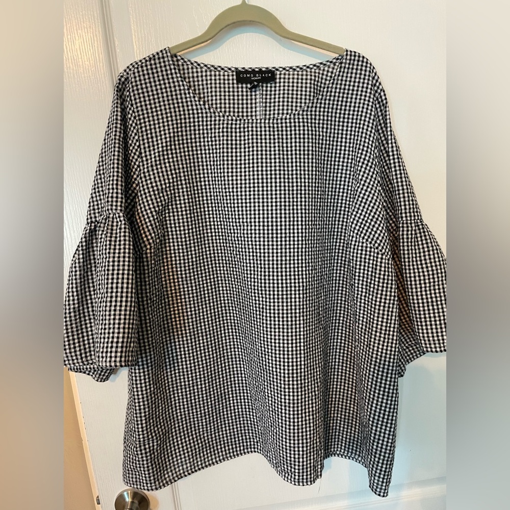 Como Black Gingham Blouse With Bell Sleeves